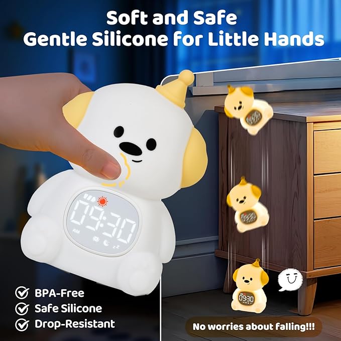 Dog Alarm Clock with Night Light for Kids with Sleep Training and Sound Machine, Rechargeable Silicone Lamp OK to Wake Clock，Cute Animal Tabletop Lamp, Perfect Sleep Companion for Boys Girls - Bloomnest