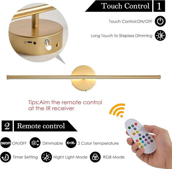 Battery Operated Wall Sconces Set of Two, with Remote Control, Dimmable, Warm White/Natural White/Daylight/RGB, 350°Rotate, LED Gold Wireless Wall Light for Living Room, Bedroom, 28.3 Inch - Bloomnest
