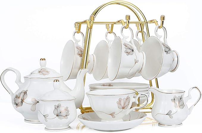 CHENP.HMC Porcelain Ceramic 22-Piece Tea Set, Teapot and Cup Set, 30.7 Ounces, for 6, Gift Sets, Tea or Coffee Lovers, Wedding, Birthday - Bloomnest