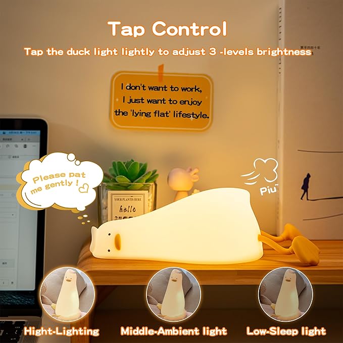 Lying Flat Duck Silicone Night Light, Cute Ducky Lamp with Gifts,Squishy Animal Nursery Nightlight, Dimmable/Rechargeable Portable Bedside Touch Lamp for Breastfeeding,Baby Adults Kids Room Decor - Bloomnest
