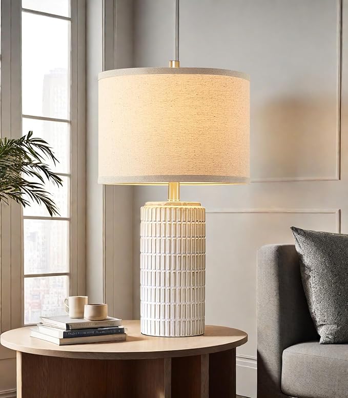23'' Set of 2 Modern Ceramic Table Lamps for Living Room Bedroom, Nightstand Farmhouse Beige White Desk Lamp for Bedside End Table Entryway, 2 LED Bulbs Included - Bloomnest