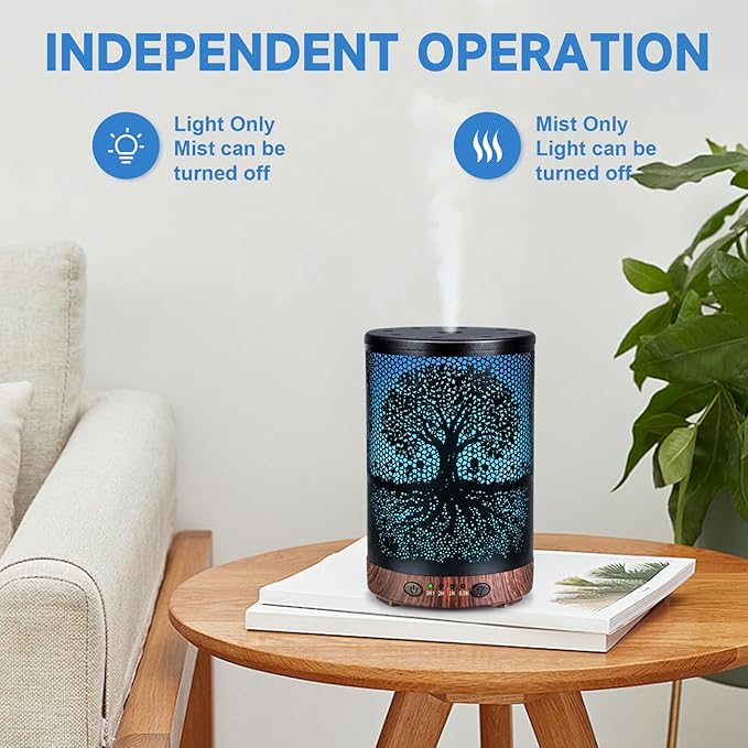 Essential Oil Diffuser 120ML Metal Aromatherapy Diffuser with Timer, Cool Mist Humidifier with Auto Shut-Off & 7 Color Lights for Home Office Spa (Life Tree) - Bloomnest