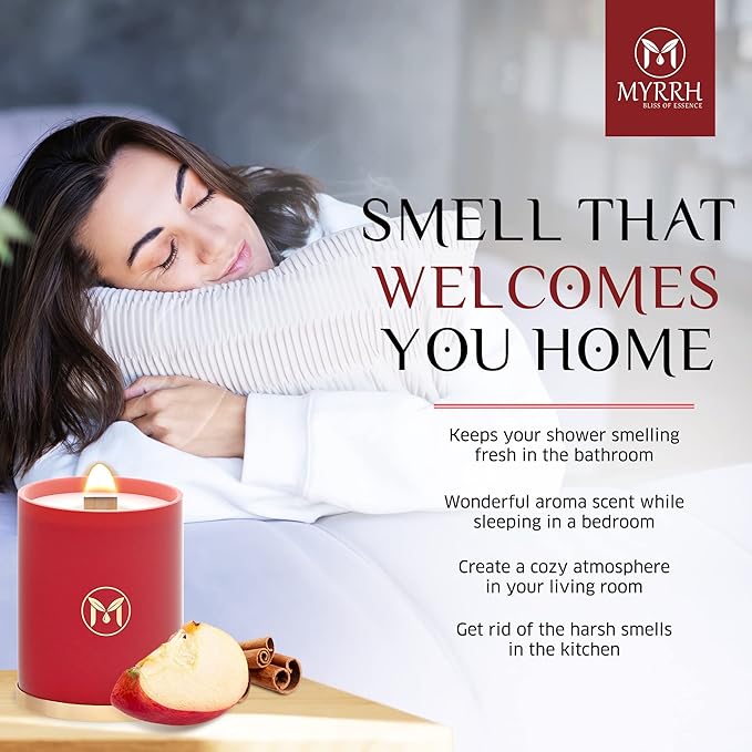 MyrrhUSA Apple Cinnamon Scented Candle – 15 oz Natural Soy Wax with Crackling Wooden Wick & Essential Oil | 80 Hour Burn | Luxury Aromatherapy Candle for Relaxation, Home Décor, Living Room & Bathroom - Bloomnest