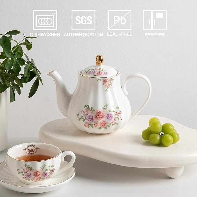 Sweejar Royal Teapot, Ceramic Tea Pot with Removable Stainless Steel Infuser, Blooming & Loose Leaf Teapot (Rose Flower, 40 Ounce) - Bloomnest
