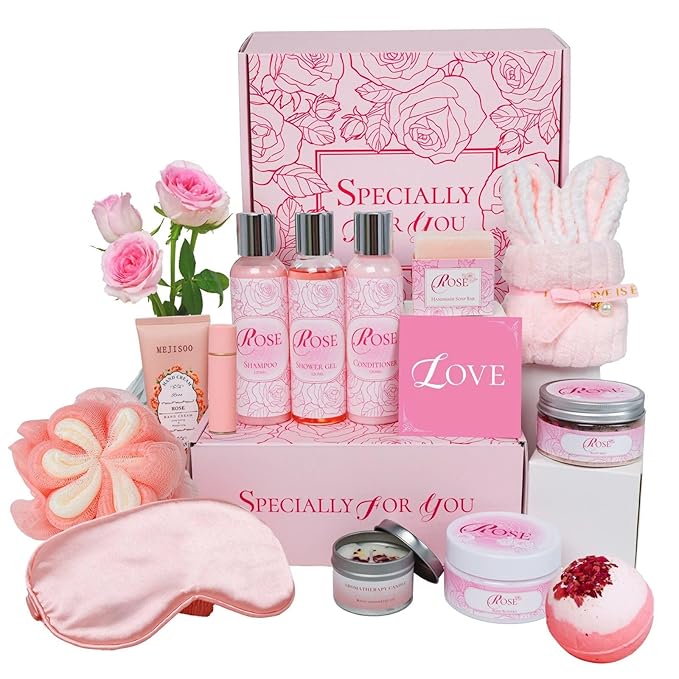 Valentine's Day Gifts for Her Rose Spa Set - 16 Pcs Bath & Body Care Kit with Bath Bombs & Lotions Relaxing Home Spa Gift for Mom, Wife & Friend Ideal for Mother’s Day, Birthday & Thank You - Bloomnest