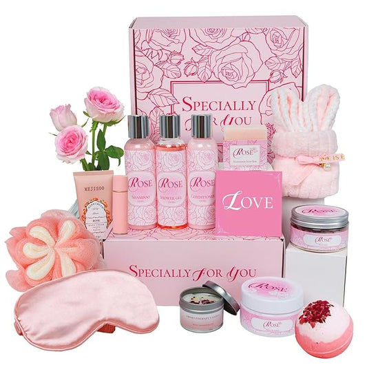 Valentine's Day Gifts for Her Rose Spa Set - 16 Pcs Bath & Body Care Kit with Bath Bombs & Lotions Relaxing Home Spa Gift for Mom, Wife & Friend Ideal for Mother’s Day, Birthday & Thank You