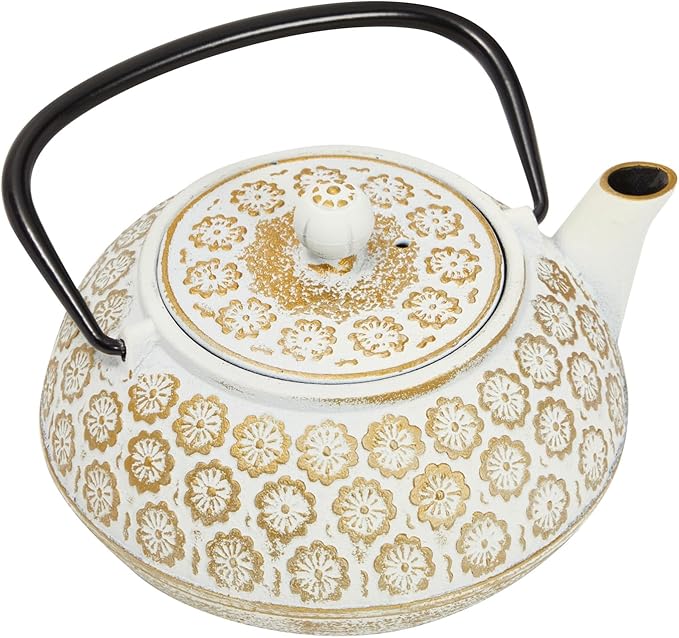 Juvale Floral Cast Iron Teapot - 34 oz, White - With Stainless Steel Infuser & Warmer - Japanese Kettle for Loose Leaf Tea - Stovetop Infuser Kettle