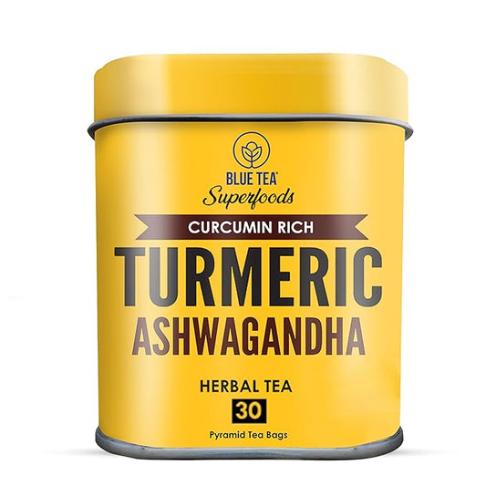 BLUE TEA - Turmeric Tea - Ashwagandha - 30 Count - Pyramid Plant Based Tea Bag | CURCUMIN RICH - HERBAL BLEND | Herbal Tea - Caffeine Free - Non-GMO - Vegan - Gluten Free - No Sugar | Reusable Tin Pack - Bloomnest