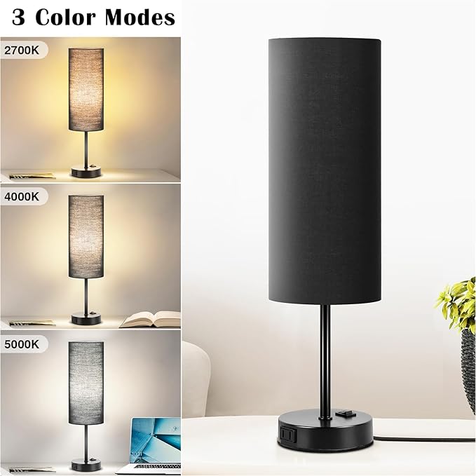 ZJOJO Table Lamp for Bedroom 2 Pack,18in Bedside Lamps with 3 Way Dimmable Rocker Switch & AC Outlet,Nightstand Desk Lamp with Black Fabric Shade Black Base for Living Room Home Decor Lights - Bloomnest