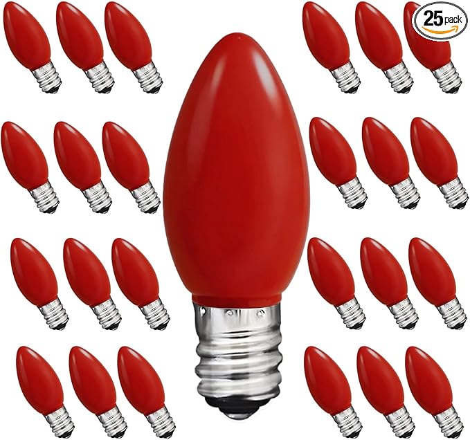 C7 Red LED Light Bulb,25 Pack 0.6w C7 Ceramic Christmas Candle Bulbs With E12 Candelabra Base Vintage Red Replacement Bulbs For Indoor Outdoor Valentine Christmas String Lights, Night Light Bulb - Bloomnest