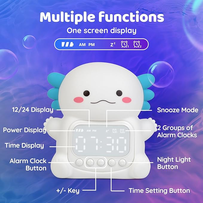 Axolotl Alarm Clock with Night Light for Kids, Rechargeable Silicone Lamp Time to Wake Clock Cute Animal Tabletop Lamp, Perfect Sleep Companion for Boys Girls, White - Bloomnest
