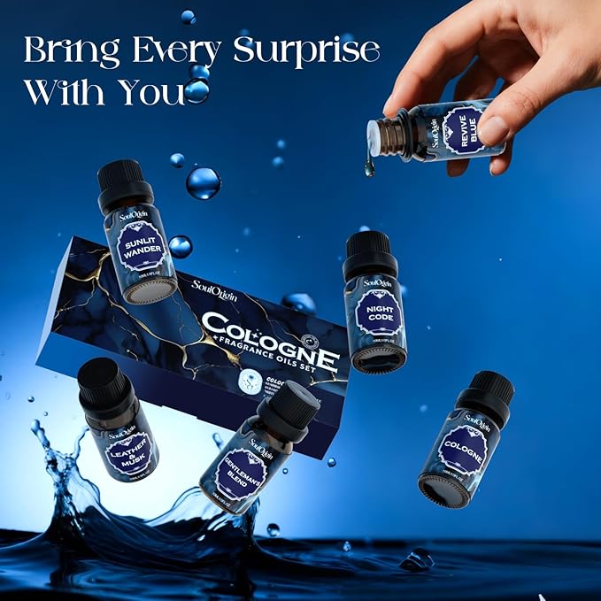 Cologne Fragrance Oils Set, Essential Oil for Diffuser, Men Scent Diffuser Oil, Use for Soap Candle Making, Cologne, Leather&Musk, Revive Blue, Sunlit Wander, Gentleman's Blend, Night Code - Bloomnest