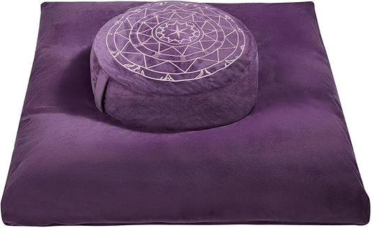 Zafu & Zabuton Meditation Cushion Set - Buckwheat Hull & Memory Foam Pillows, Ergonomic Support for Yoga, Mindfulness - Organic Velvet Cover, Large Size, Durable Comfort (Purple) - Bloomnest