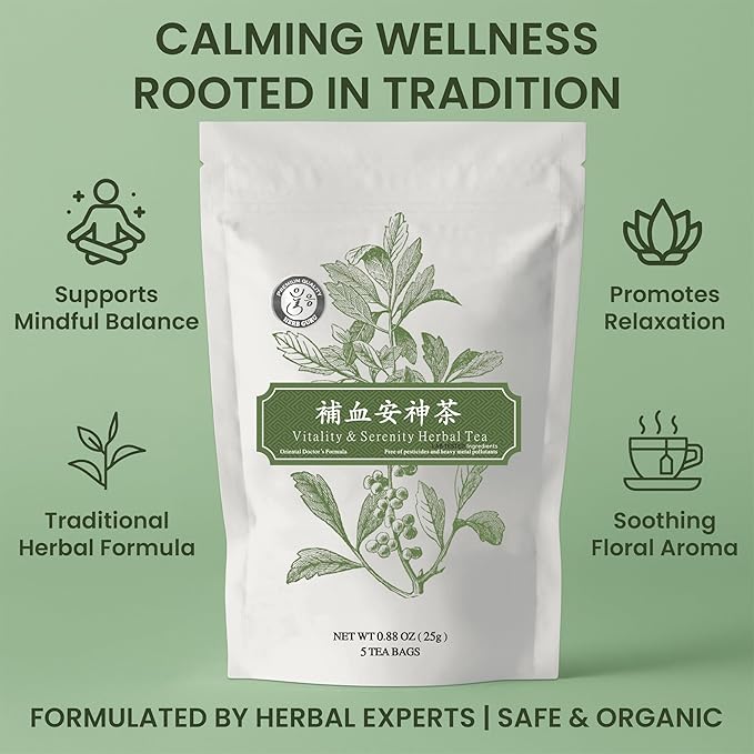 Herb Guru Vitality & Serenity Herbal Tea, natural Herbal Blend with Jujube, Goji Berry & Angelica Root, Restorative Infusion & Wellness Beverage, Includes 5 natural Tea Bags for Balanced Energy