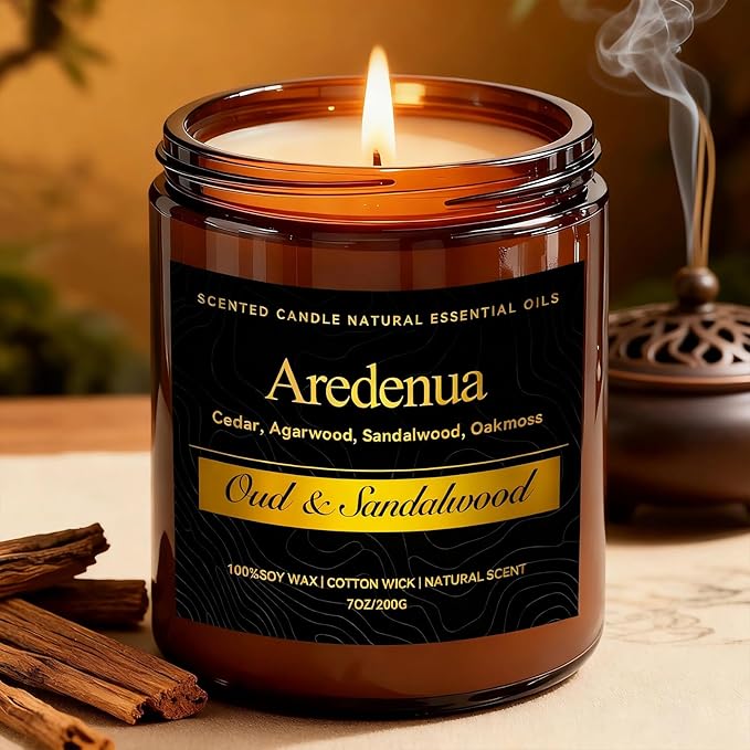 Oud & Sandalwood Candle – Scented Candles for Men & Women, 7oz Soy Candles for Home Scented - 50H Long Lasting Clean Burn, Aromatherapy Candle for Relaxation & Home, Warm Woody Fragrance Gift - Bloomnest