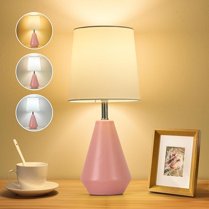 Small Bedside Table Lamp for Bedroom - Reading Desk Lamp with 3 Color Temperatures，15.5" Nightstand Ceramic Lamp with Fabric Shade for Kids Room,Living Room,Dorm,Home Office (Pink+White) - Bloomnest