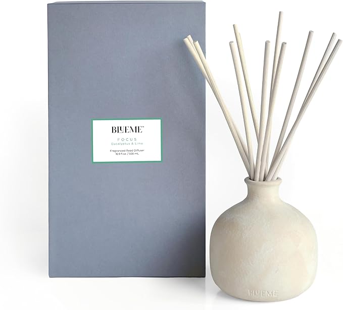 BLUEME Focus-Eucalyptus & Lime, 16.91 Fl Oz Wellness Diffuser, Contains Essential Oil, Sustainable, Hand Finished, Premium, Luxury Ceramic, Natural Rattan Reeds