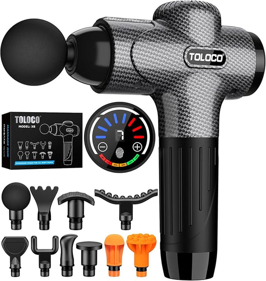 TOLOCO Massage Gun, Upgrade Deep Tissue Back Massager with 10 Replacement Heads, Percussion Massage Guns for Athletes for Pain Relief, Super Quiet Electric Massager for Treatment, Relax, Carbon - Bloomnest