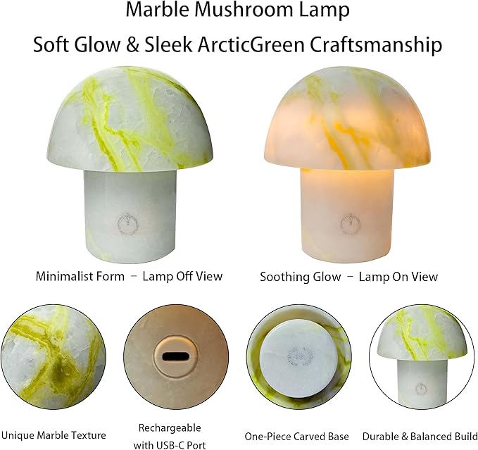 Arctic Green Gemstone Mushroom Lamp - Natural Luxury Stone Night Light with LED, Touch Control 3 Brightness, USB Rechargeable Bedside Decor Gift - Bloomnest
