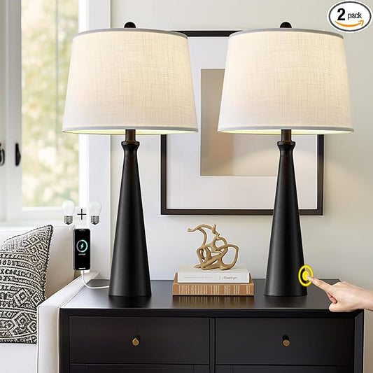 Oneach 25.75" Table Lamps Set of 2 for Living Room Bedroom, Bedside Lamp 3-Way Dimmable Touch Control, Modern Black Nightstand Light Fabric Shade Vintage Accent Style - Bloomnest