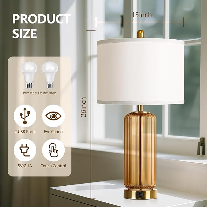 Table Lamps Set of 2 with Touch Control, 3-Way Dimmable Nightstand Lamp with Vertical Grained Glass, Bedside Table Lamps, 27" Modern Glass Bedside Lamps with USB A+C Ports, Brown Desk Lamp for Bedroom - Bloomnest