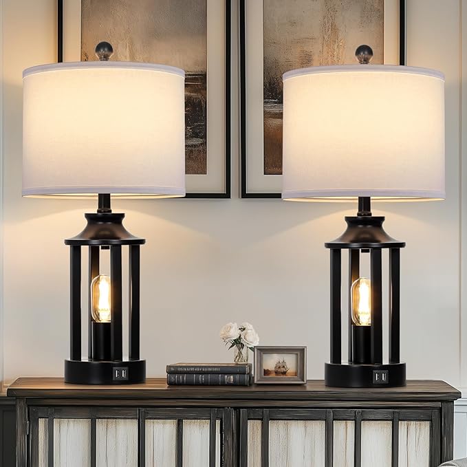 Black Living Room Lamps Set of 2, 3 Way Dimmable Touch Control Farmhouse Table Lamps with 2 USB Ports, Retro Bedside Lamp with 2 LED Nightlight,Rustic Bedroom Lamp for Nightstand(4 LED Bulbs Included) - Bloomnest