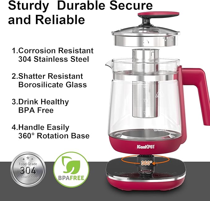 Electric Kettle, 1.5L Borosilicate Glass Hot Water Kettle Electric & Tea Kettle for Coffee or Tea, BPA Free, Auto Shut-Off, Stainless Steel, Red, 1200w - Bloomnest