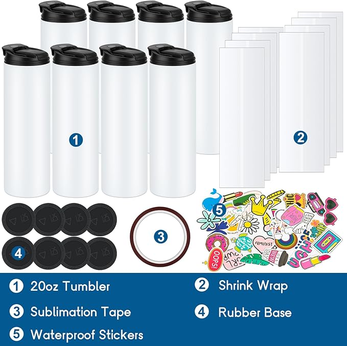 8 Pack 20 oz Sublimation Tumblers Dual Opening Blank Bottles Triple-Insulated Stainless Steel Water Bottle with Straw Lid Blank Tumbler Bulk with Shrink Wrap, Rubber Base, Heat Tape for Heat Transfer - Bloomnest