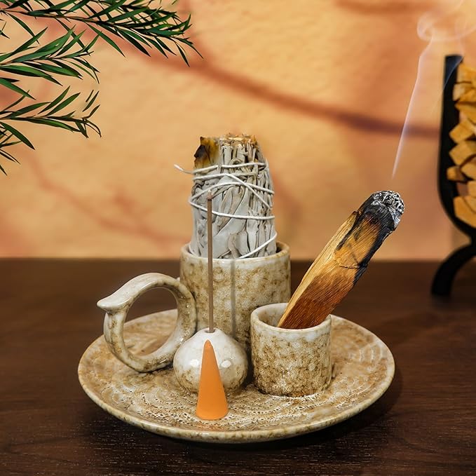 5.1Inch 5-in-1 Ceramic Smudge Bowl Brown - Incense Stick Holder, Small Candle Holder, Smudge Bowl/Dish, Fits Palo Santo, Sage.Zen Altar for Meditation/Yoga, Aromatic Scents, Easy to Clean - Bloomnest