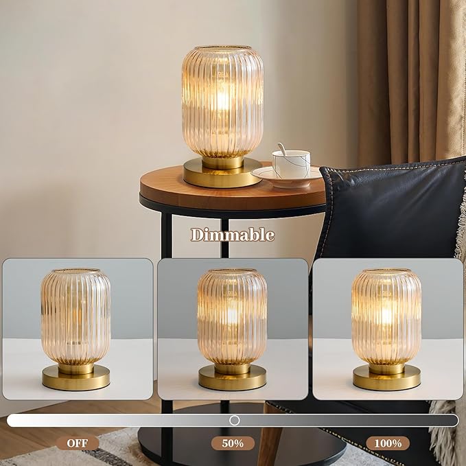 Glass Table Lamps Mid Century Modern Globe, Dimmable Amber Glass Table Lamp for Nightstand, Small Gold Table Lamp, Amber Pumpkin Design Ribbed Vintage Bedside Lamp for Bedroom Living Room Office - Bloomnest