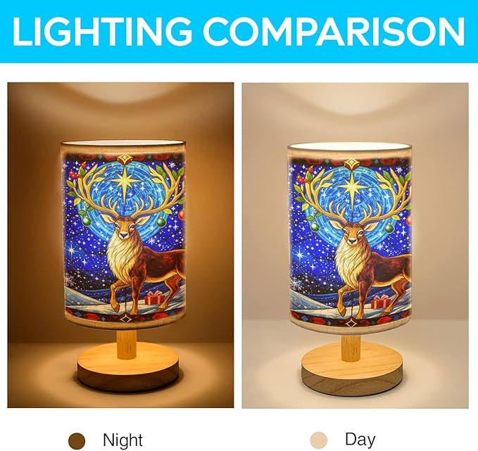 Reindeer Table Lamp LED 3-Color Pressed Bedside for Merry Christmas, Reindeer Shade Christmas Table Lamp with Wood Base for Bedroom Living Room Desk Office - Bloomnest