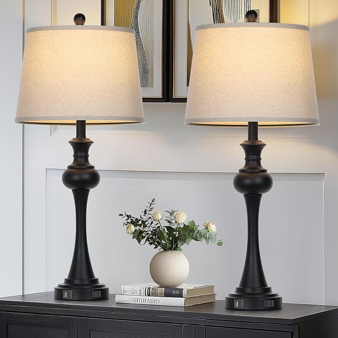 28.75" 3-Way Touch Control Modern Table Lamp Set of 2 for Living Room, Bedside Lamp with USB A+C Ports, Mid Century Black Table Lamps, Nightstand Lamps Set,Beige Fabric Shade Vintage Accent Style - Bloomnest
