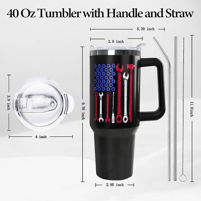 Ceovfoi Mechanic Gifts for Men, 40 oz Mechanic American Flag Stainless Steel Tumbler with Handle Lid and Straw, Mechanic Stuff Supplies Accessories - Bloomnest