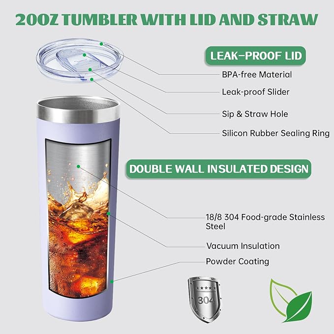 20 oz Skinny Tumbler with Lid and Straw,Stainless Steel Vacuum Insulated Tumbler Cup Double Wall Leak-proof Coffee Mug,Travel Thermal Water Tumbler for Office,Outdoor (Lavender/White/Pink/Teal)