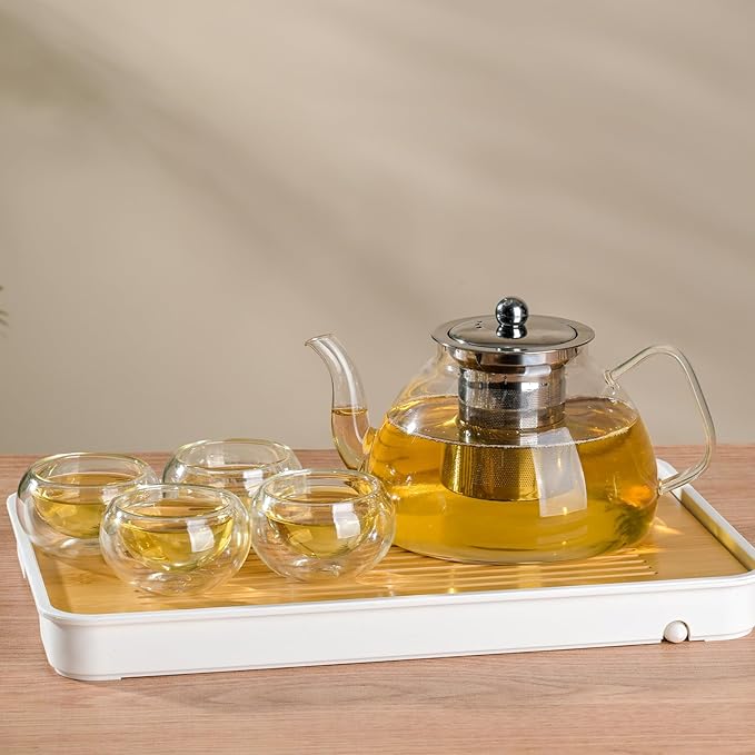 1200ml/40 oz Glass Teapot with 4 Double Wall Teacups and Removable Stainless Steel Infuser, Tea Sets for Adults, Clear Tea Kettle Stovetop Safe for Loose Leaf and Blooming Tea, Tea Maker Gift - Bloomnest