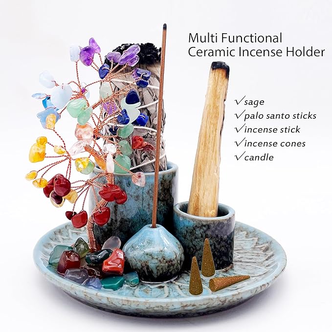 5 in 1 Incense Burner Holder with Crystal Healing Tree, Palo Santo Holder, Sage Holder, Incense Holder for Sticks/Cones/Candles, Ceramic Tray Ash Catcher for Burning Incense, Meditation Gift - Bloomnest