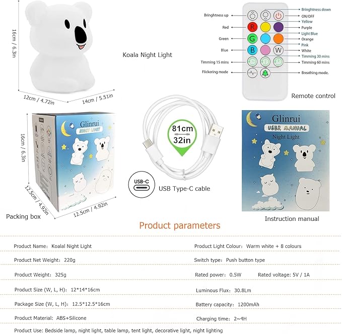 Large Koala Night Lights Kid Bedside Bedroom Light, Nursery Moon lamp, Portable Color Changing Care Lamps - Break Resistant, Eye Caring, Adjustable Brightness & Color and Time Setting - Large - Bloomnest