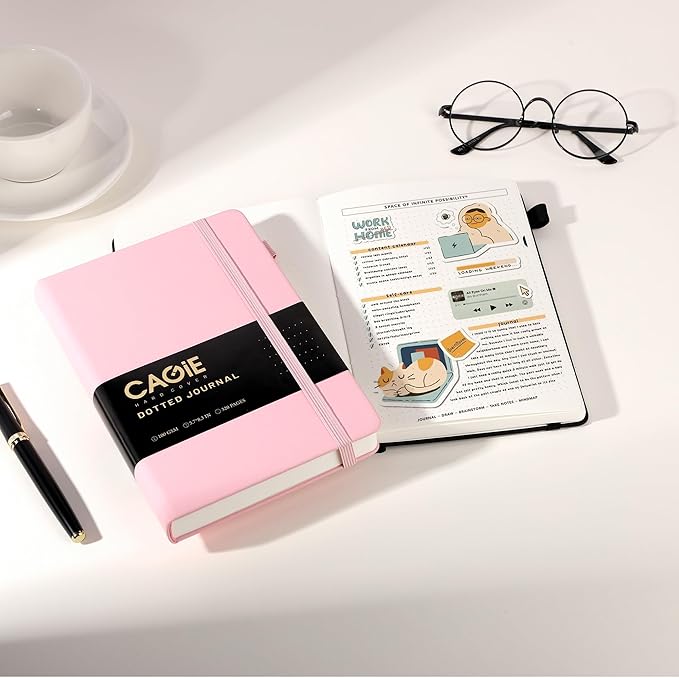 CAGIE Bullet Dotted Journal Notebook 320 Pages 100 GSM Paper Hardcover A5 Dot Grid Notebook Leather Journals for Writing Women Men Work Journaling, Pink - Bloomnest