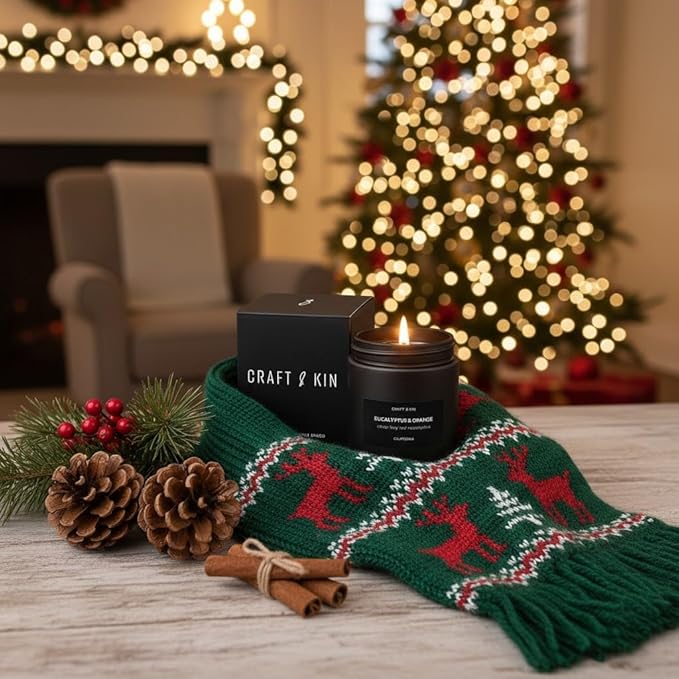 Craft & Kin Premium Orange & Eucalyptus Candle | Black Christmas Scented Candles for Home | Long Lasting with 45 Hour Burn Time, 7.6oz | Soy Holiday Candle | Aromatherapy at Home | Gifts for Men - Bloomnest