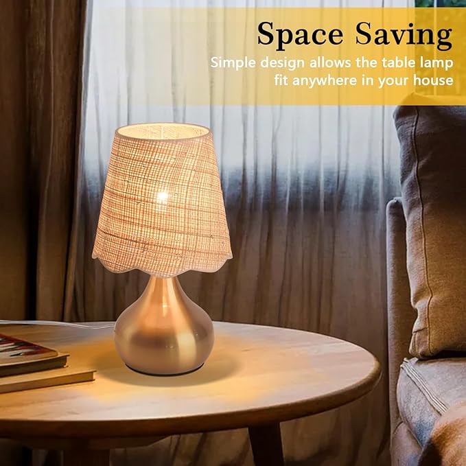 Gold Small Bedside Table Lamp for Bedroom, Brass Gold Mini Table Lamps for Nightstand, Rattan Shade Table Lamps for Small Spaces for Kitchen Counter, Bookshelf, Bedroom, Living Room, Kids Dorm - Bloomnest