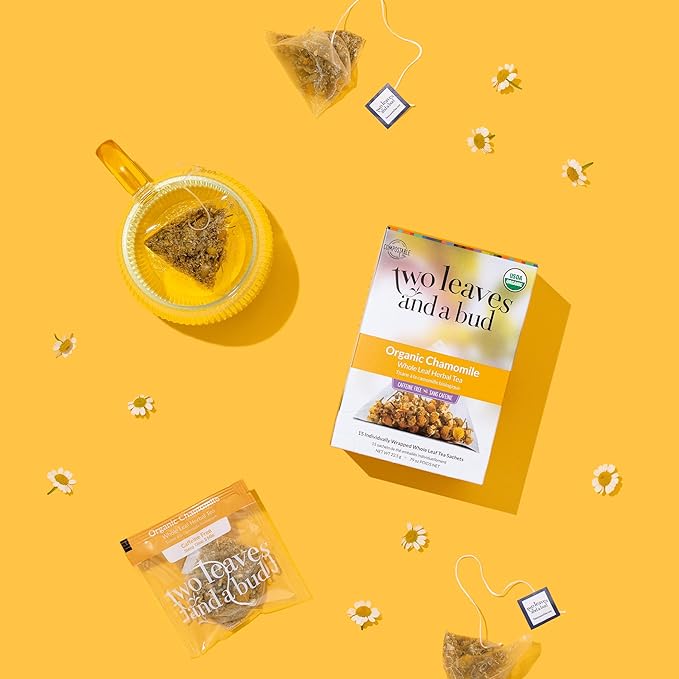 Two Leaves and a Bud Organic Chamomile Tea Bags, Naturally Caffeine Free, Whole Leaf Herbal Chamomile Tea in Compostable Sachets, 15 Count (Pack of 6) - Bloomnest
