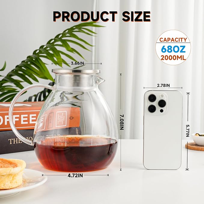 68OZ/2000ML One Touch Glass Teapot with Stainless Steel Filter Lid, Stovetop & Microwave Safe Tea Maker Water Kettle, Strainer & Cover 2 in 1 Loose Leaf Tea Steeper Pot Coffee Carafe - Bloomnest