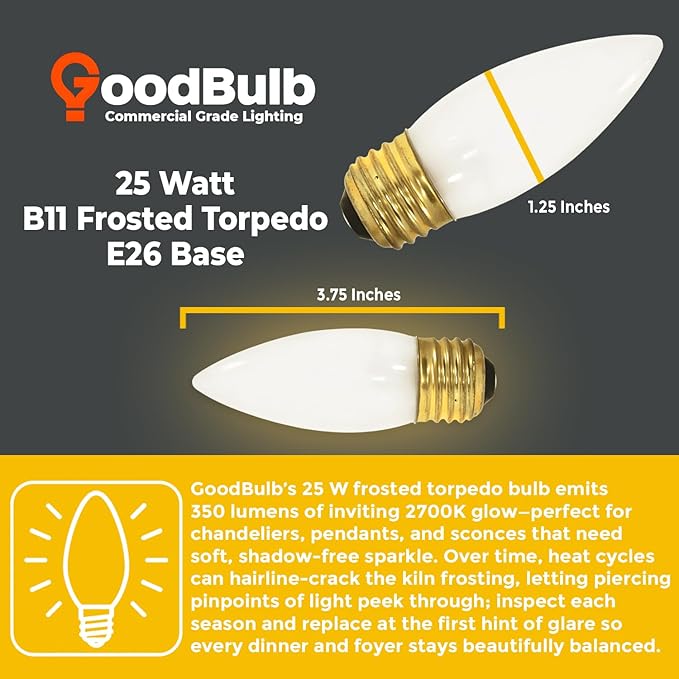GoodBulb 25-Watt Incandescent Torpedo Light Bulbs B10 Frosted Finish Medium E26 Base 2700K Warm White Color Dimmable 175 Lumens Pack of 12 Bulbs - Bloomnest
