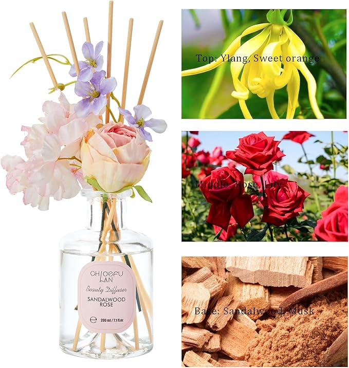 Chloefu Lan Premium Reéd Diffuser Set with Pink & Purple Flowers Reéd Diffuser Sticks Sandalwood Rose | 6.7oz Scent Fragrance Oil Diffuser for Bedroom Bathroom Home Shelf Décor - Bloomnest