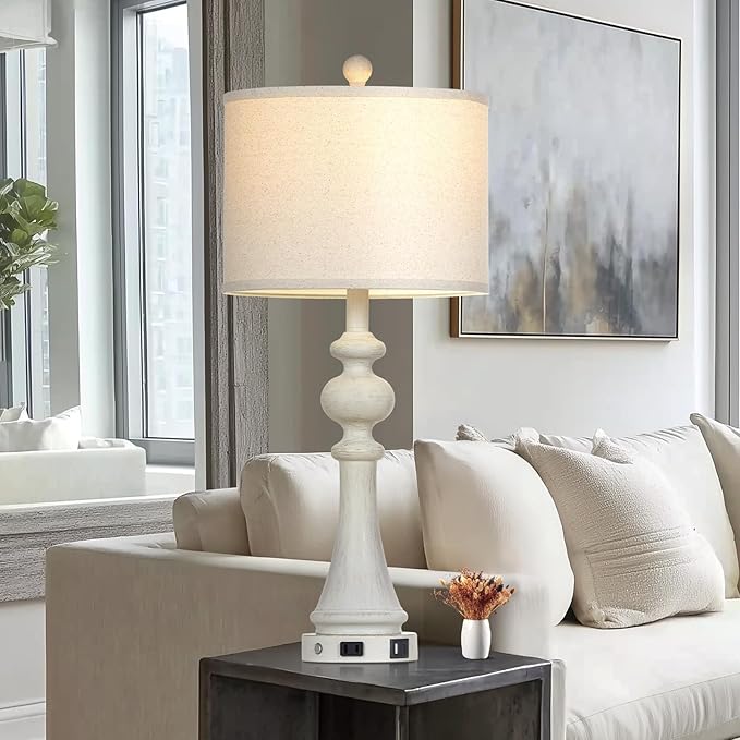 28" Farmhouse Table Lamps Set of 2, Vintage Bedside Lamps with USB A+C Charging Ports & AC Outlet, 3-Way Dimmable Touch Control Nightstand Lamp for Living Room Bedroom Wash White(2 LED Bulbs Included) - Bloomnest