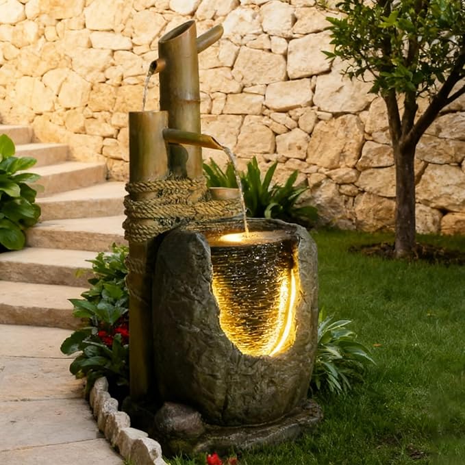 31" H 3 Tiered Bamboo & Imitation Rock Water Fountain - Natural Zen Decor with LED Lights Cascading Waterfall Design for Outside&Indoor - Suitable for Garden/Patio/Yard/Deck/Balcony （Resin） - Bloomnest