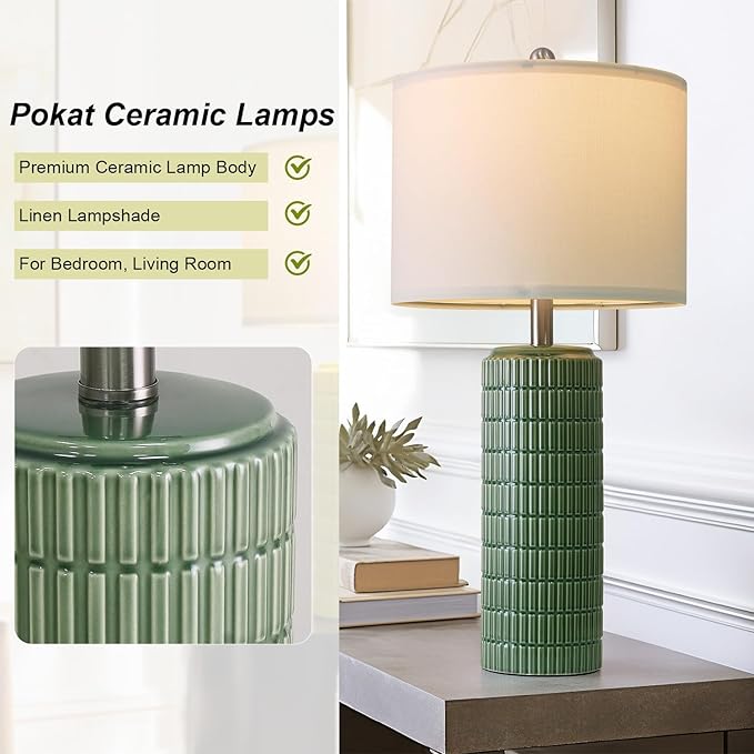 PoKat 27.5" Dark Green Ceramic Table Lamps for Living Room, Farmhouse Table Lamps Set of 2 for Bedroom Night Stands, Modern Bedside Lamps for End Side Table, Vintage Nightstand Decor Lamps Home Office - Bloomnest