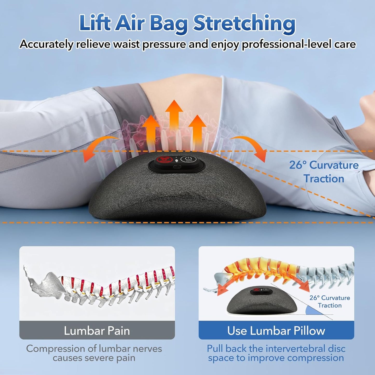 3 in 1 Rechargeable Back Massager with Heat, Height Adjustable for Bed and Chair, Electric Lumbar Support Pillow Back Massager, Relieves Deep Tissue Pain, Lumbar Wedge Cushion