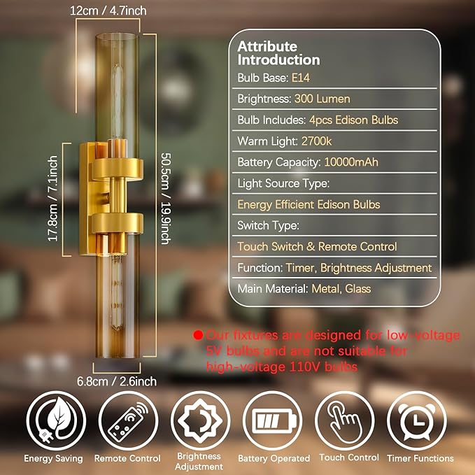 Rechargeable Wall Sconces Set of Two with Remote, Gold Battery Operated Wall Sconce with Amber Glass, Sconces Wall Decor Set of 2 Wall Light Fixtures for Bedroom Bathroom Mirror Living Room - Bloomnest