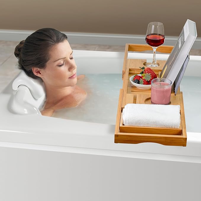 Utoplike Bamboo Bathtub Caddy Tray Bath Tray for Tub, Adjustable Bathroom Bathtub Organizer with Book Tablet Wine Glass Cup Towel Holder - Bloomnest